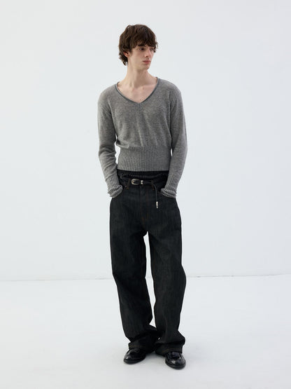 Delivery Rolled Hem V-neck Wide Rib Waist Cinched Knit Women&
