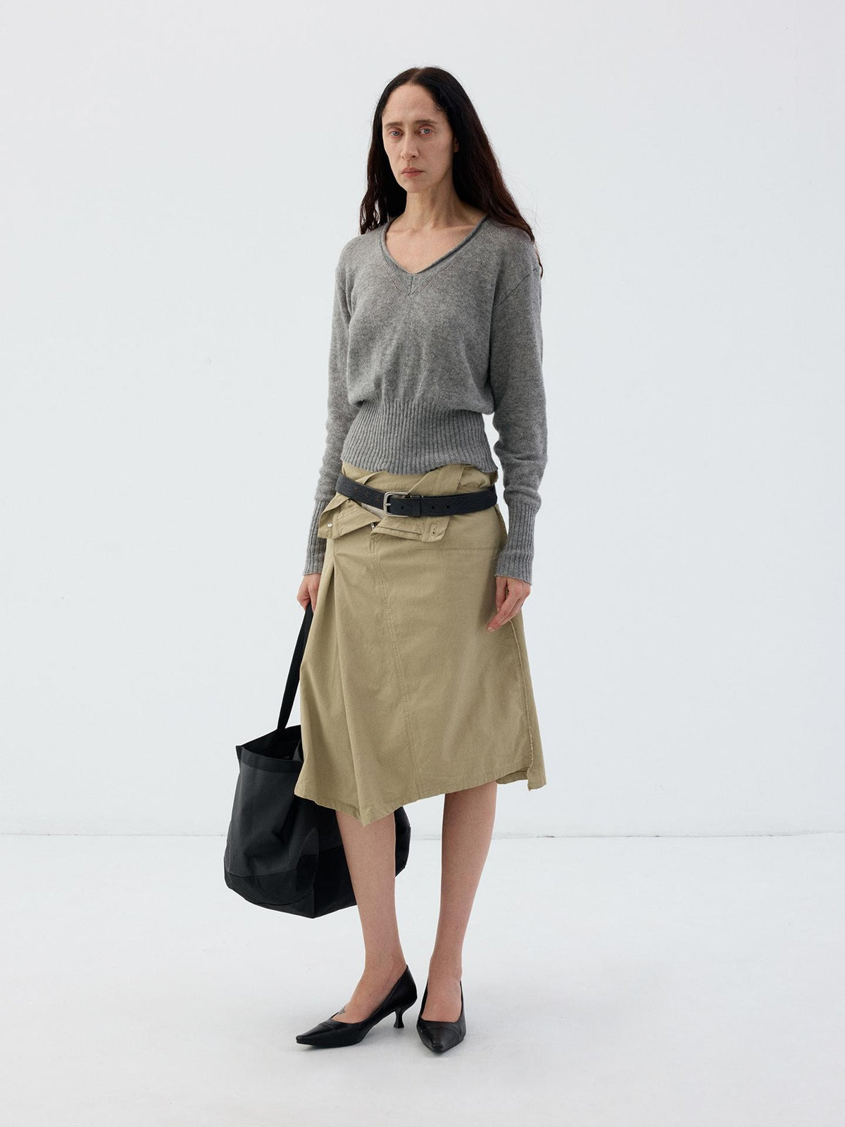 Delivery Rolled Hem V-neck Wide Rib Waist Cinched Knit Women&