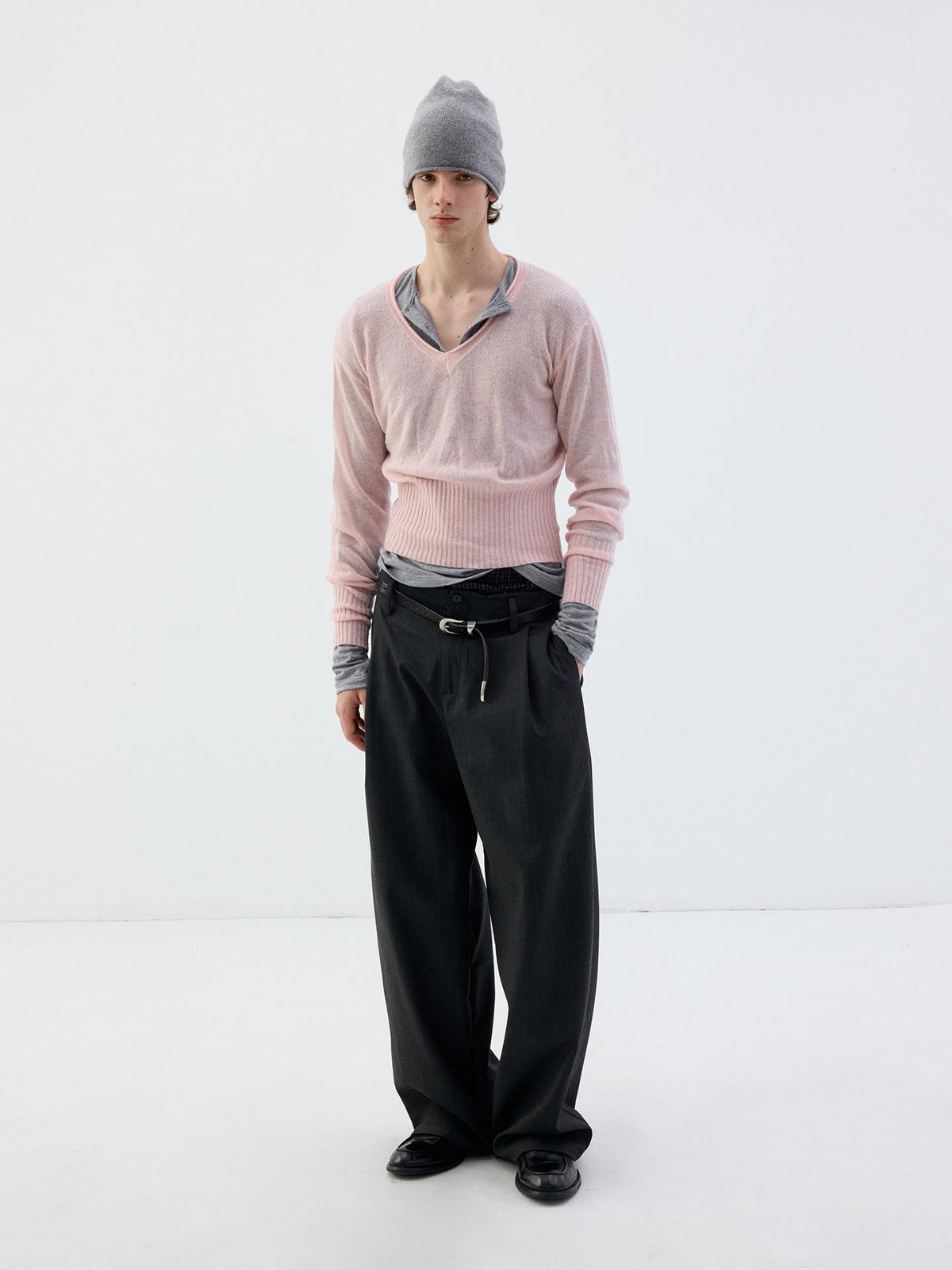 Delivery Rolled Hem V-neck Wide Rib Waist Cinched Knit Women&