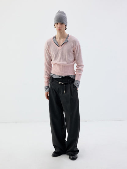 Delivery Rolled Hem V-neck Wide Rib Waist Cinched Knit Women&