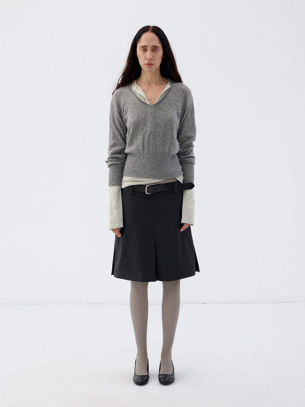 Delivery Rolled Hem V-neck Wide Rib Waist Cinched Knit Women&