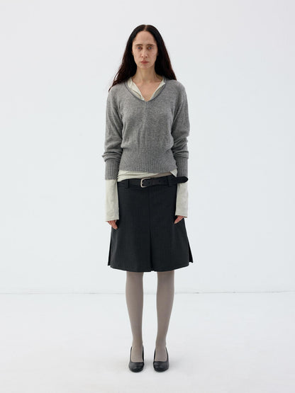 Delivery Rolled Hem V-neck Wide Rib Waist Cinched Knit Women&