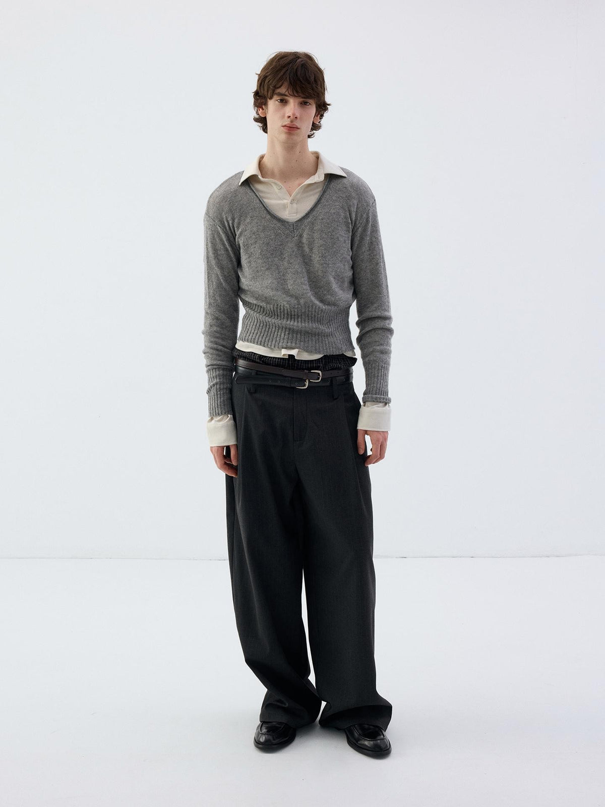 Delivery Rolled Hem V-neck Wide Rib Waist Cinched Knit Women&