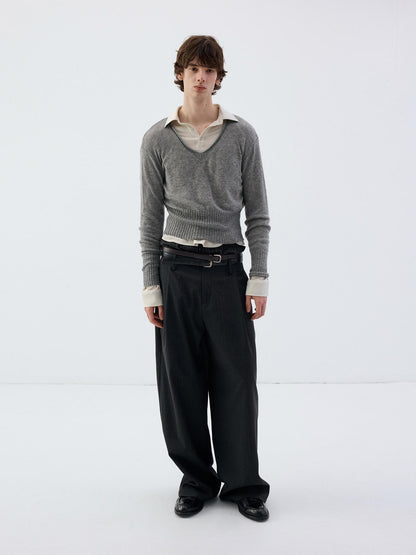 Delivery Rolled Hem V-neck Wide Rib Waist Cinched Knit Women&