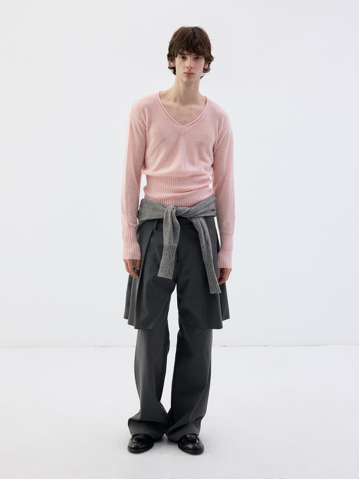 Delivery Rolled Hem V-neck Wide Rib Waist Cinched Knit Women&