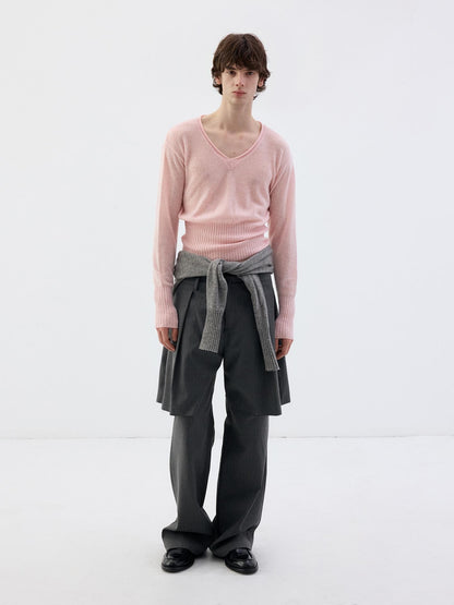 Delivery Rolled Hem V-neck Wide Rib Waist Cinched Knit Women&
