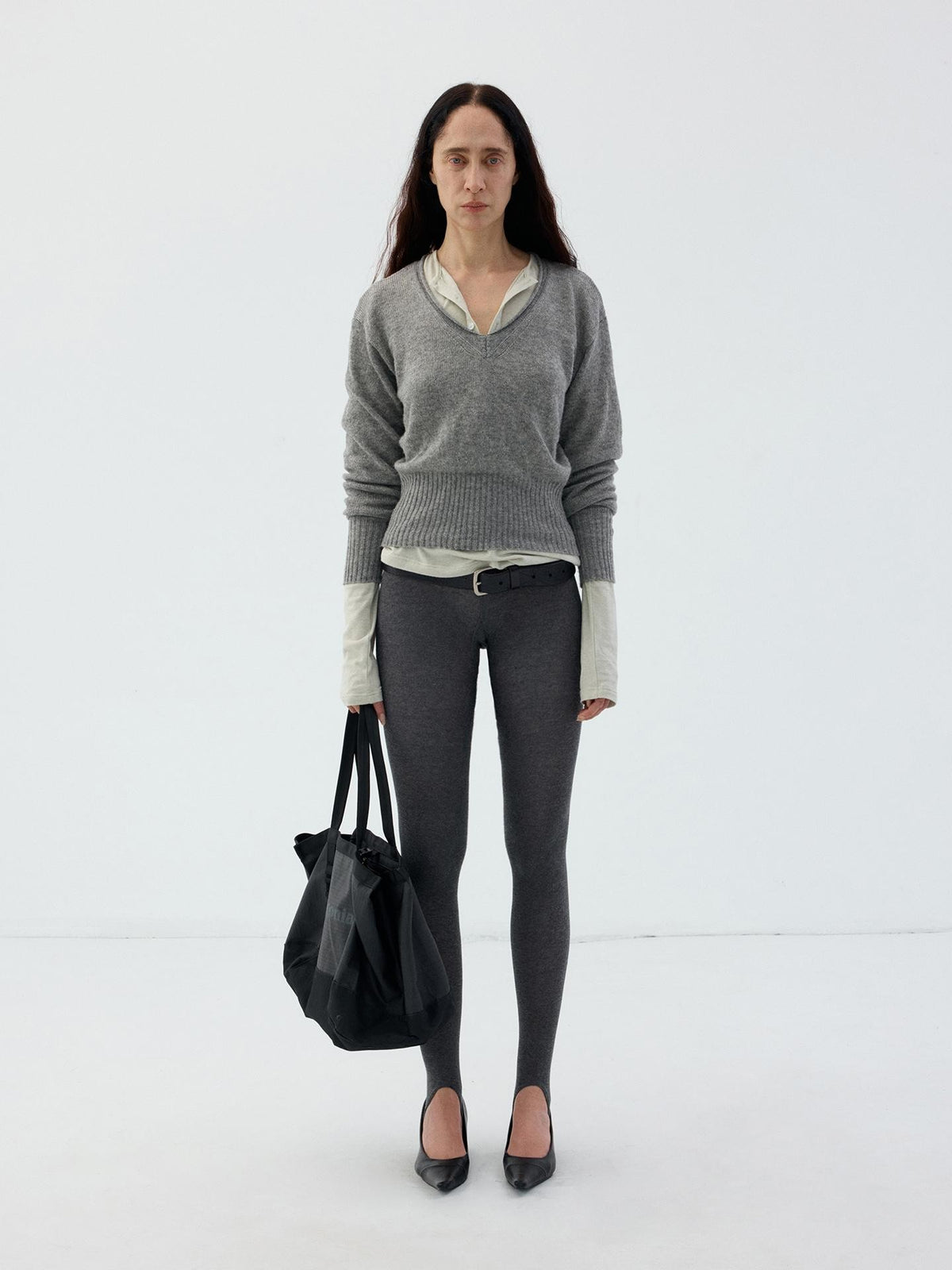 Delivery Rolled Hem V-neck Wide Rib Waist Cinched Knit Women&