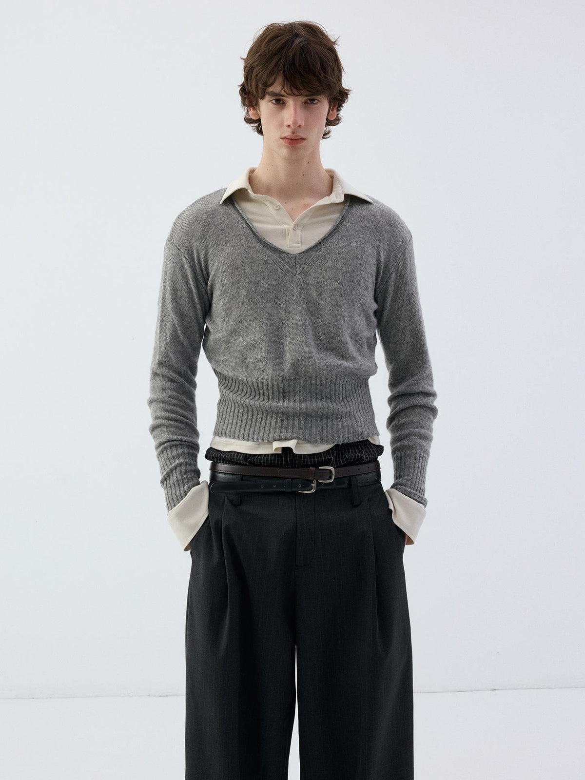 Delivery Rolled Hem V-neck Wide Rib Waist Cinched Knit Women&