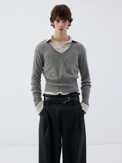 Delivery Rolled Hem V-neck Wide Rib Waist Cinched Knit Women&