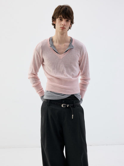 Delivery Rolled Hem V-neck Wide Rib Waist Cinched Knit Women&