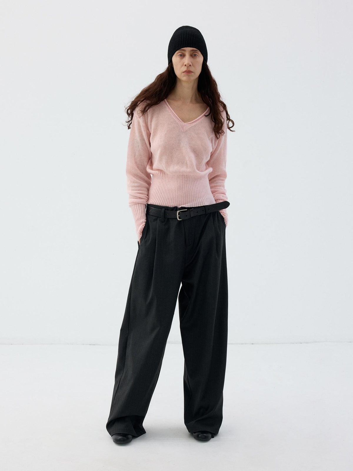 Delivery Rolled Hem V-neck Wide Rib Waist Cinched Knit Women&