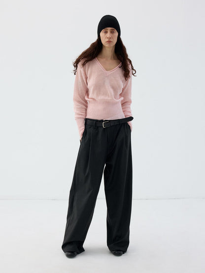 Delivery Rolled Hem V-neck Wide Rib Waist Cinched Knit Women&