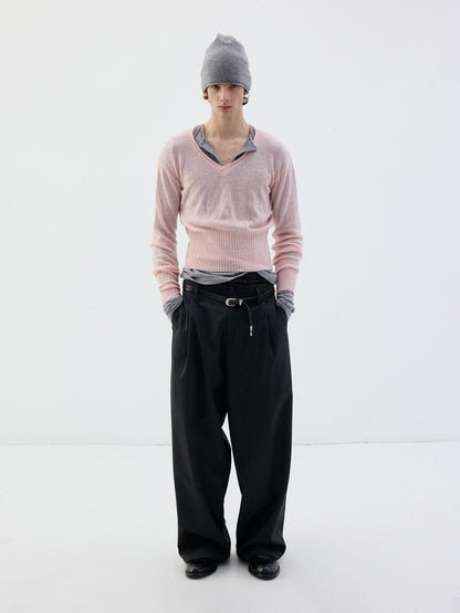 Delivery Rolled Hem V-neck Wide Rib Waist Cinched Knit Women&