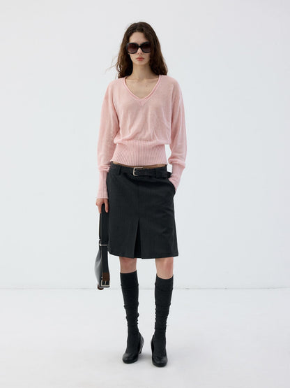 Delivery Rolled Hem V-neck Wide Rib Waist Cinched Knit Women&