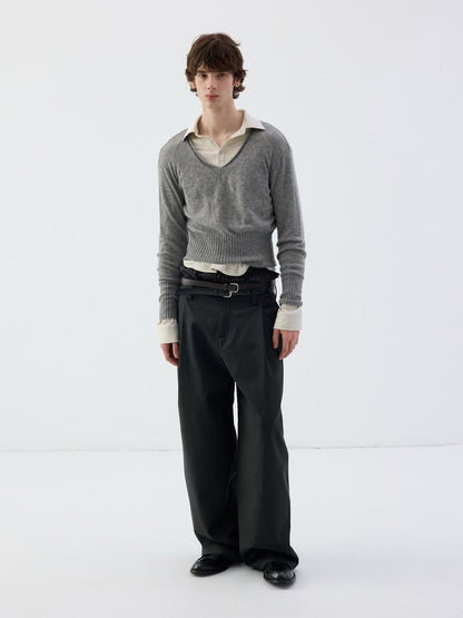 Delivery Rolled Hem V-neck Wide Rib Waist Cinched Knit Women&