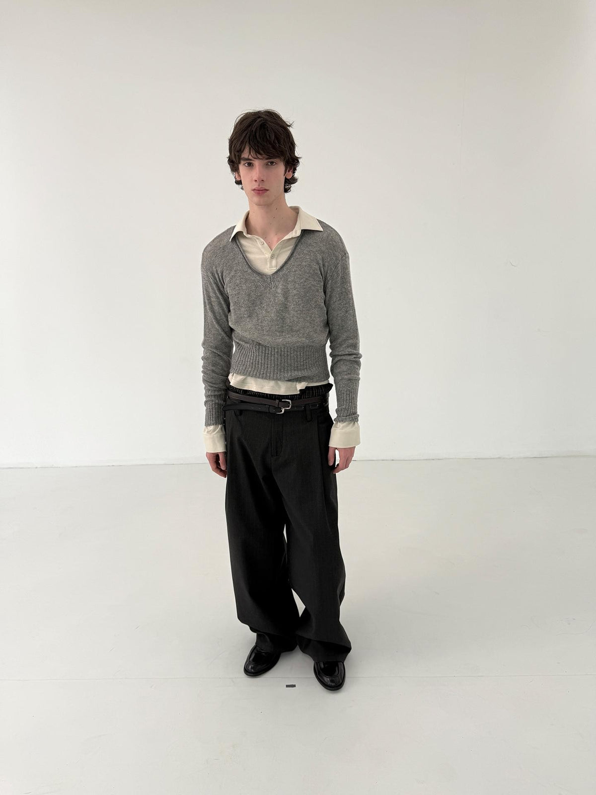 Delivery Rolled Hem V-neck Wide Rib Waist Cinched Knit Women&