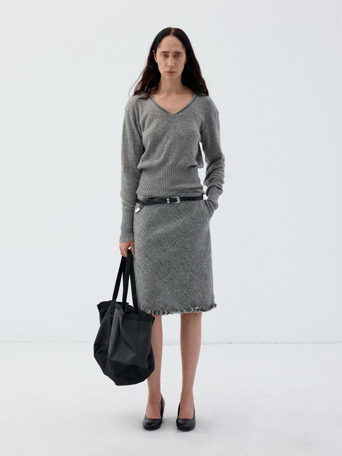 Delivery Rolled Hem V-neck Wide Rib Waist Cinched Knit Women&