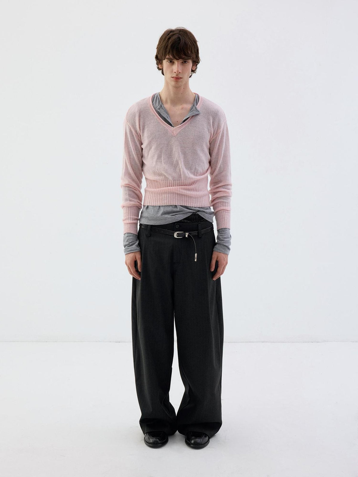 Delivery Rolled Hem V-neck Wide Rib Waist Cinched Knit Women&
