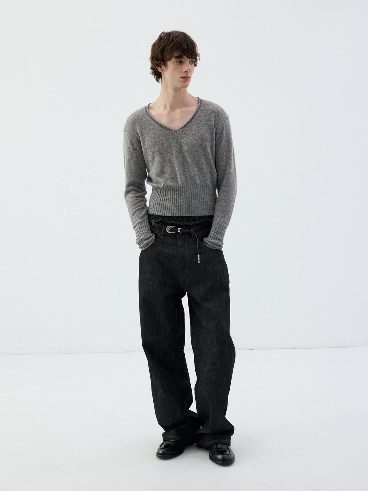 Delivery Rolled Hem V-neck Wide Rib Waist Cinched Knit Women&
