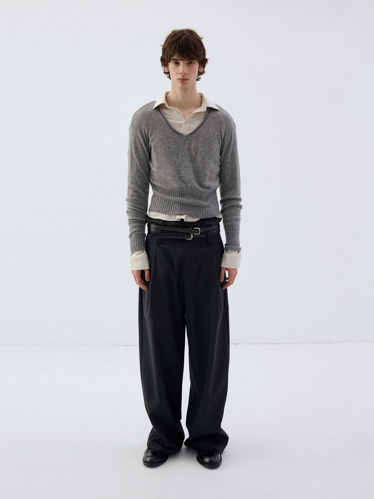 Delivery Rolled Hem V-neck Wide Rib Waist Cinched Knit Women&