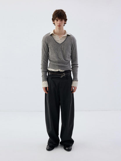 Delivery Rolled Hem V-neck Wide Rib Waist Cinched Knit Women&