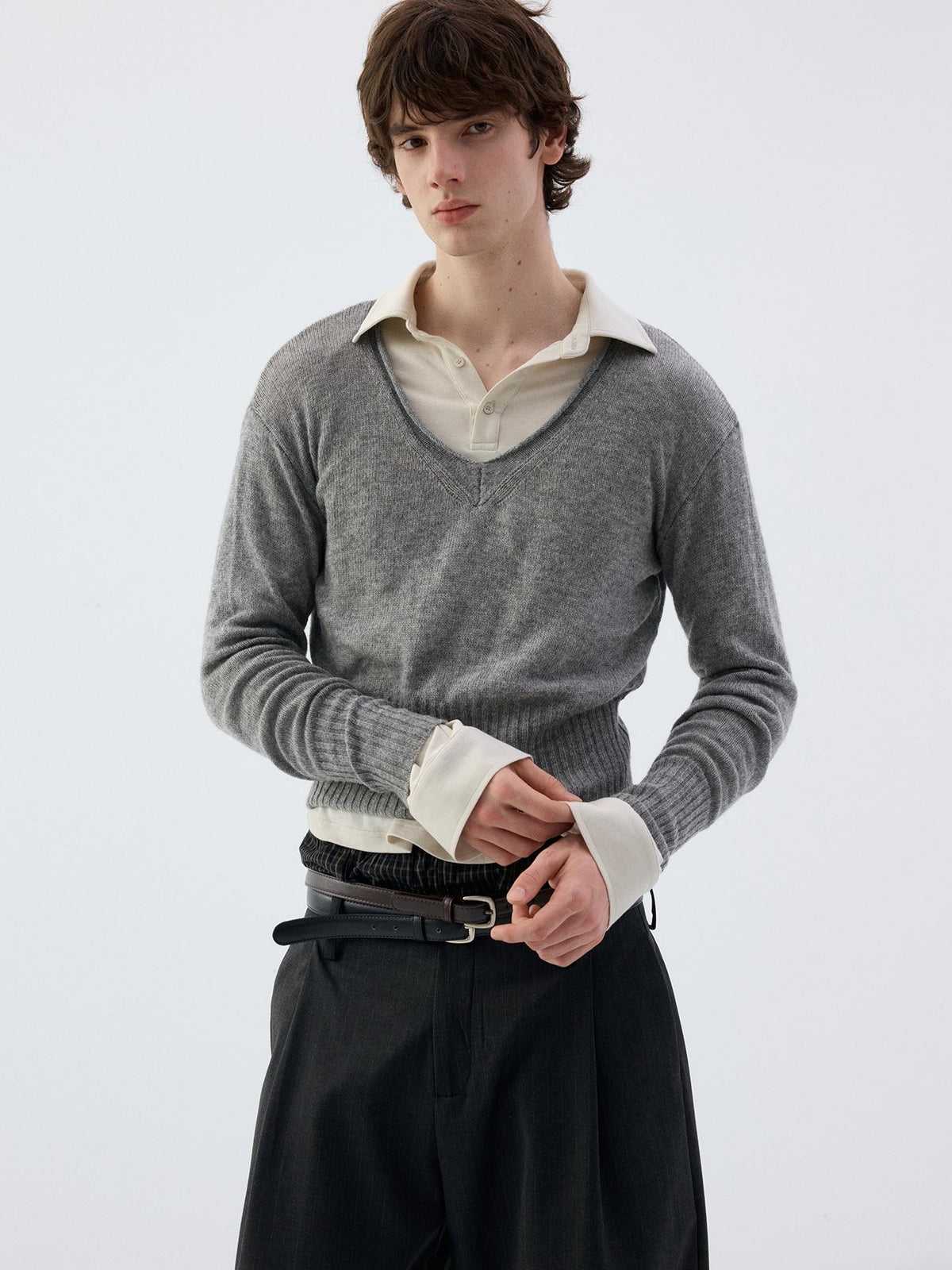 Delivery Rolled Hem V-neck Wide Rib Waist Cinched Knit Women&