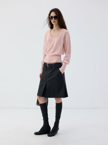 Delivery Rolled Hem V-neck Wide Rib Waist Cinched Knit Women&