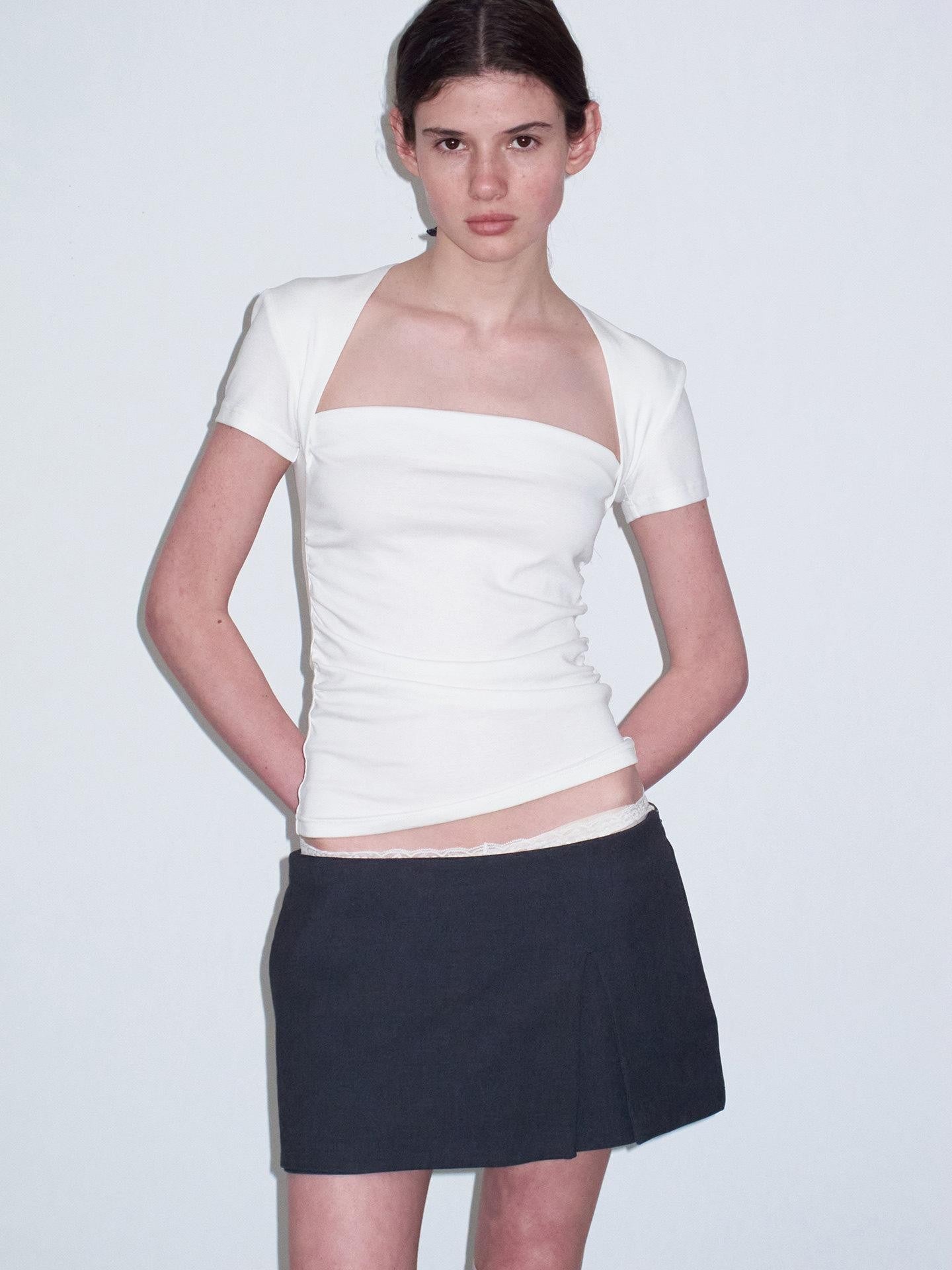 Delivery Ruched Square Neck Mock Two Piece Slim Fit Women&