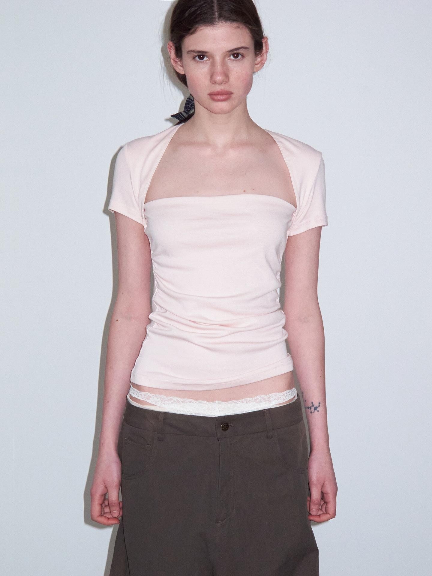Delivery Ruched Square Neck Mock Two Piece Slim Fit Women&