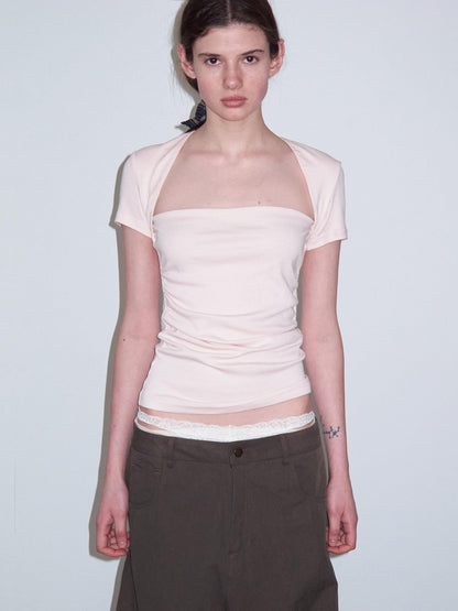 Delivery Ruched Square Neck Mock Two Piece Slim Fit Women&