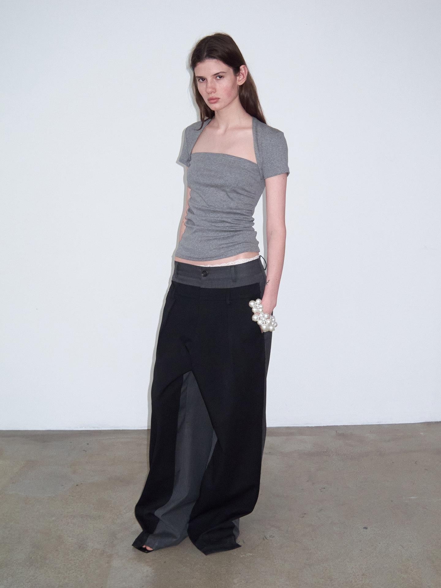 Delivery Ruched Square Neck Mock Two Piece Slim Fit Women&