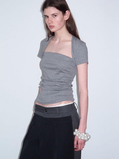 Delivery Ruched Square Neck Mock Two Piece Slim Fit Women&