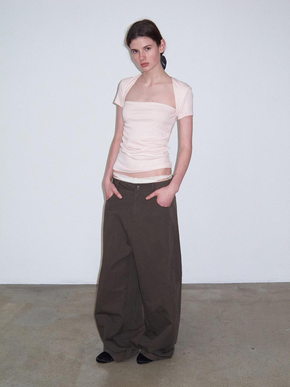 Delivery Ruched Square Neck Mock Two Piece Slim Fit Women&