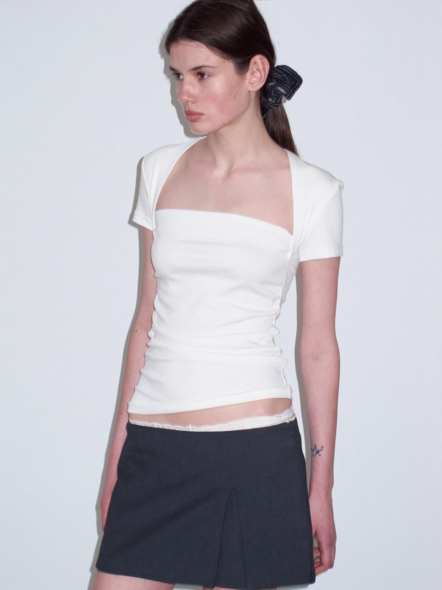 Delivery Ruched Square Neck Mock Two Piece Slim Fit Women&