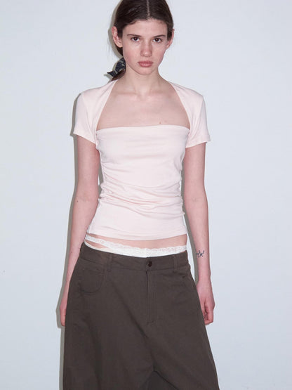 Delivery Ruched Square Neck Mock Two Piece Slim Fit Women&