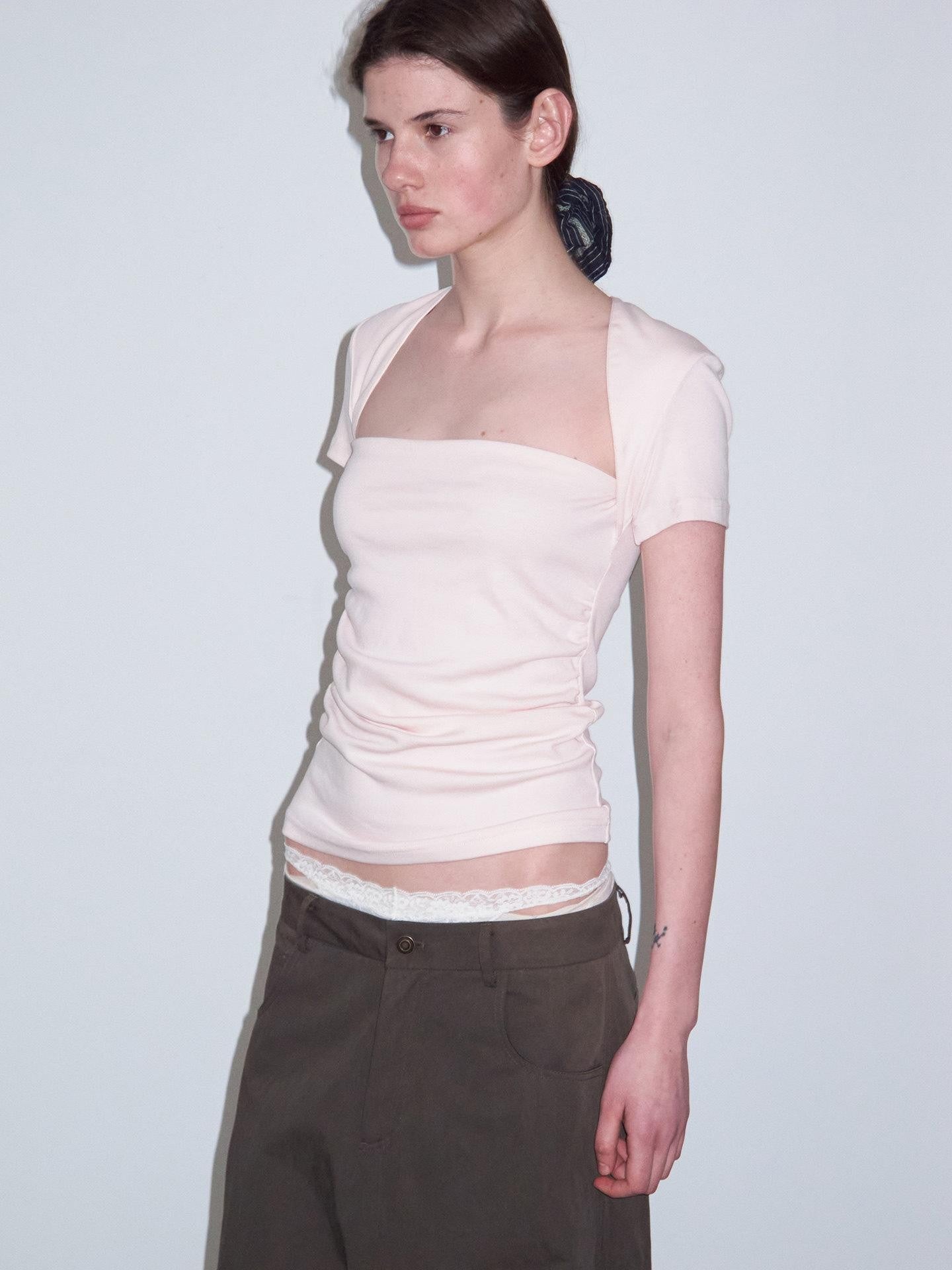 Delivery Ruched Square Neck Mock Two Piece Slim Fit Women&