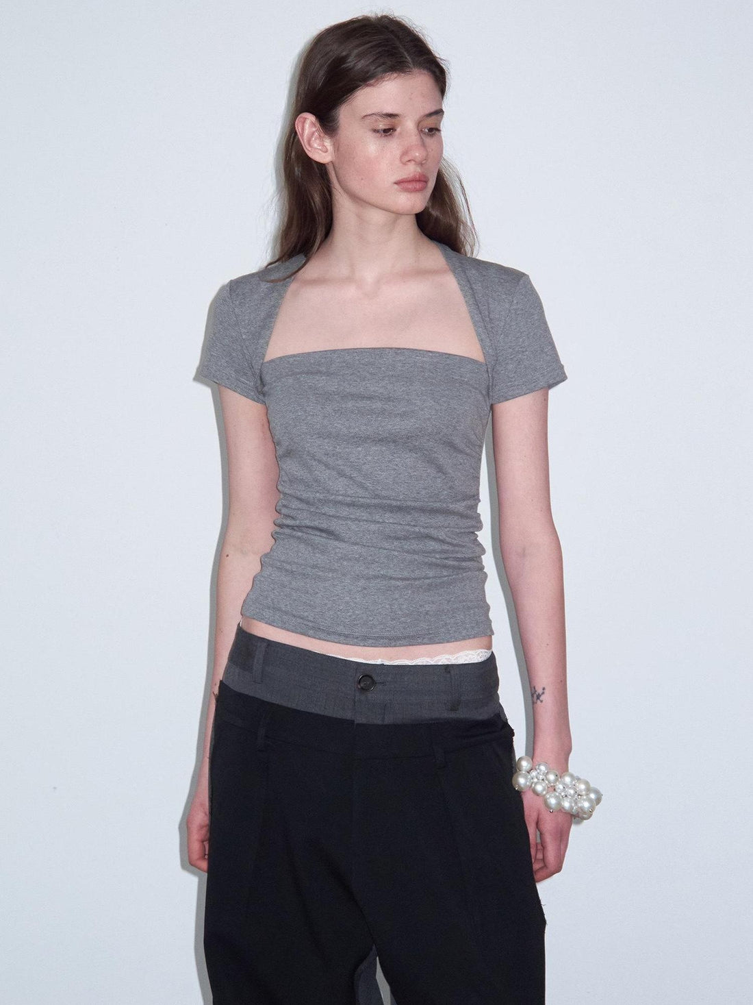 Delivery Ruched Square Neck Mock Two Piece Slim Fit Women&