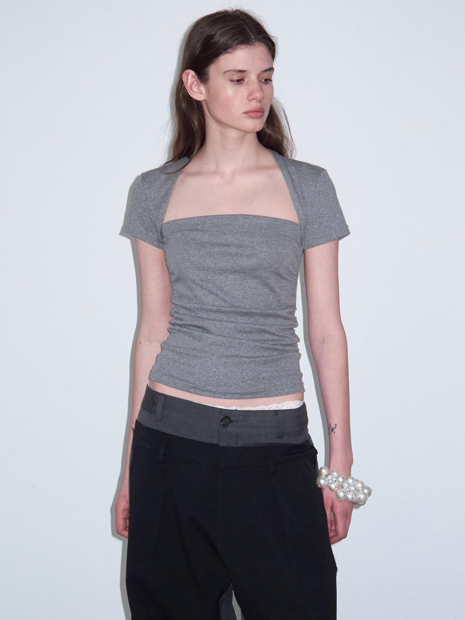 Delivery Ruched Square Neck Mock Two Piece Slim Fit Women&