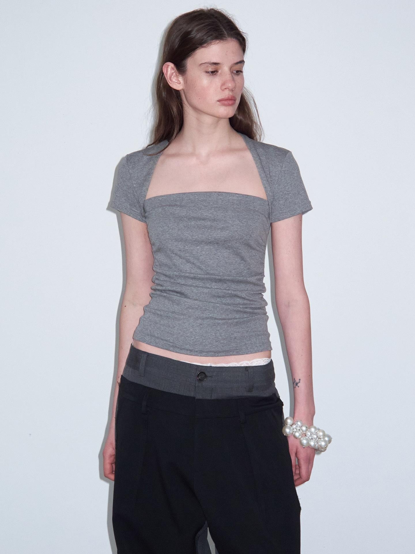 Delivery Ruched Square Neck Mock Two Piece Slim Fit Women&