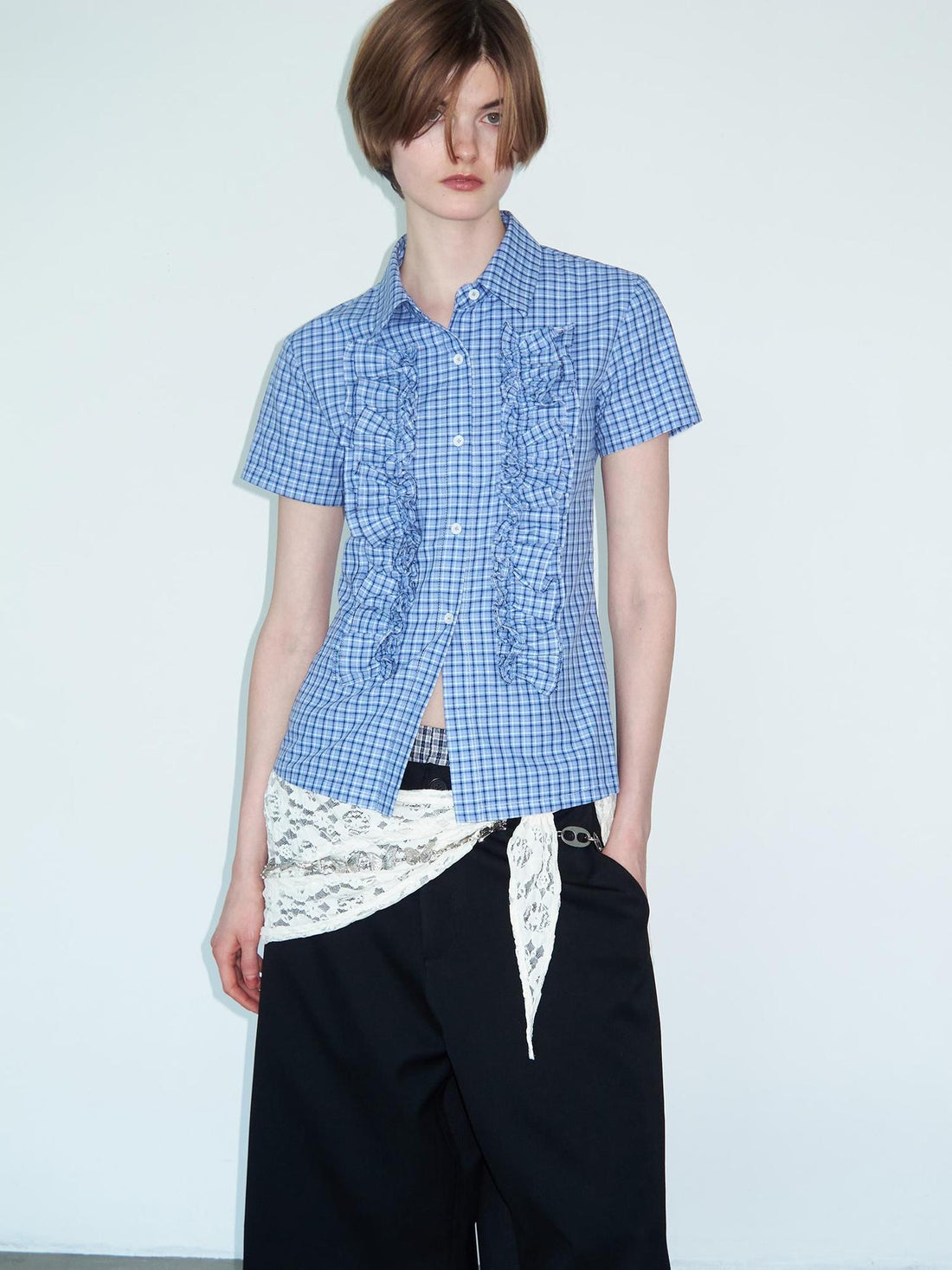 Delivery Ruffle Lace Trim Blue Check Slim Fit Short Sleeve Shirt