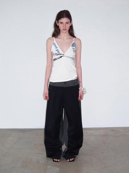 Delivery Scalloped V-neck Deconstructed Patchwork Vintage Letter Print Women&