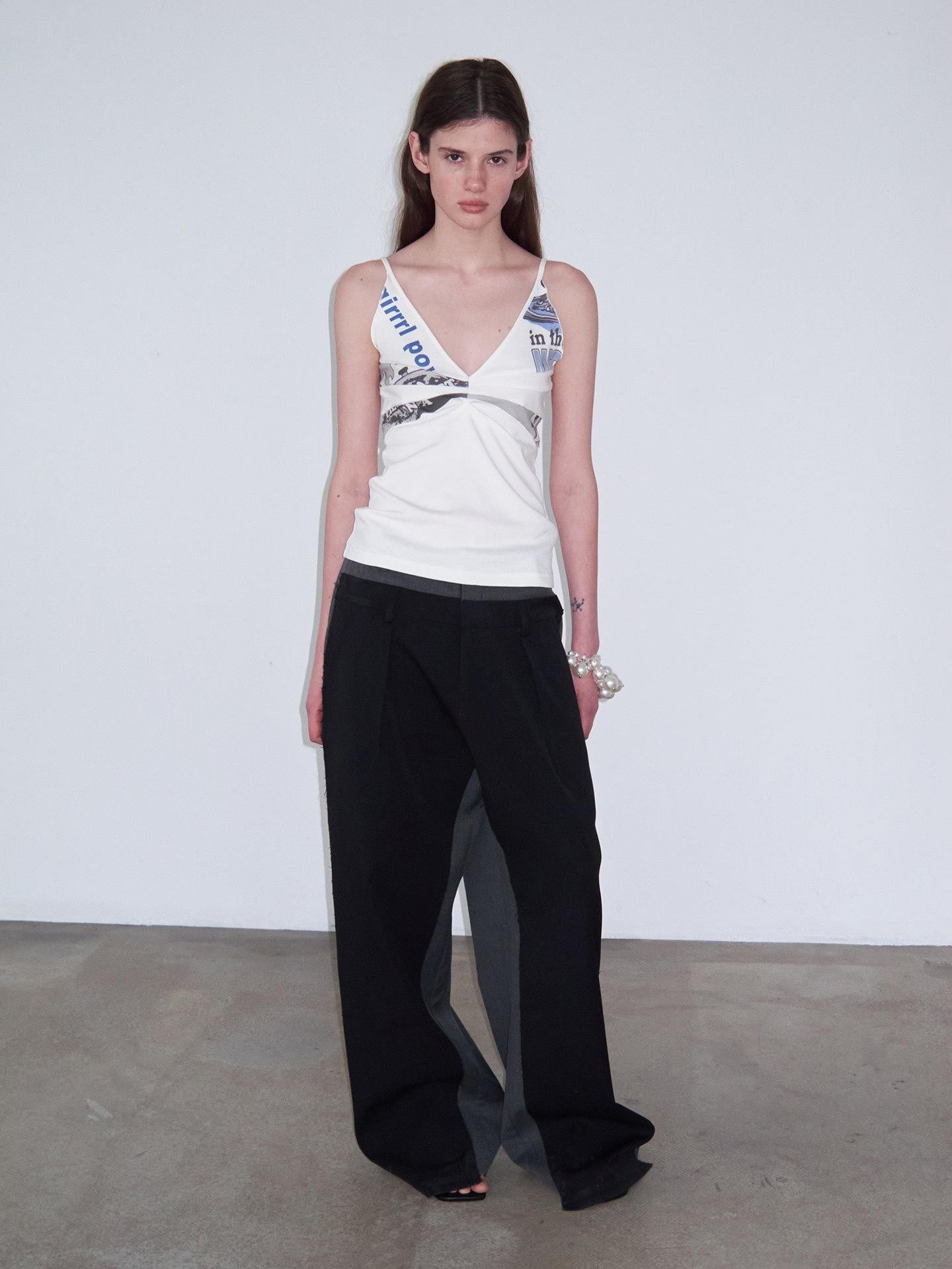 Delivery Scalloped V-neck Deconstructed Patchwork Vintage Letter Print Women&