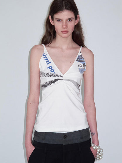 Delivery Scalloped V-neck Deconstructed Patchwork Vintage Letter Print Women&