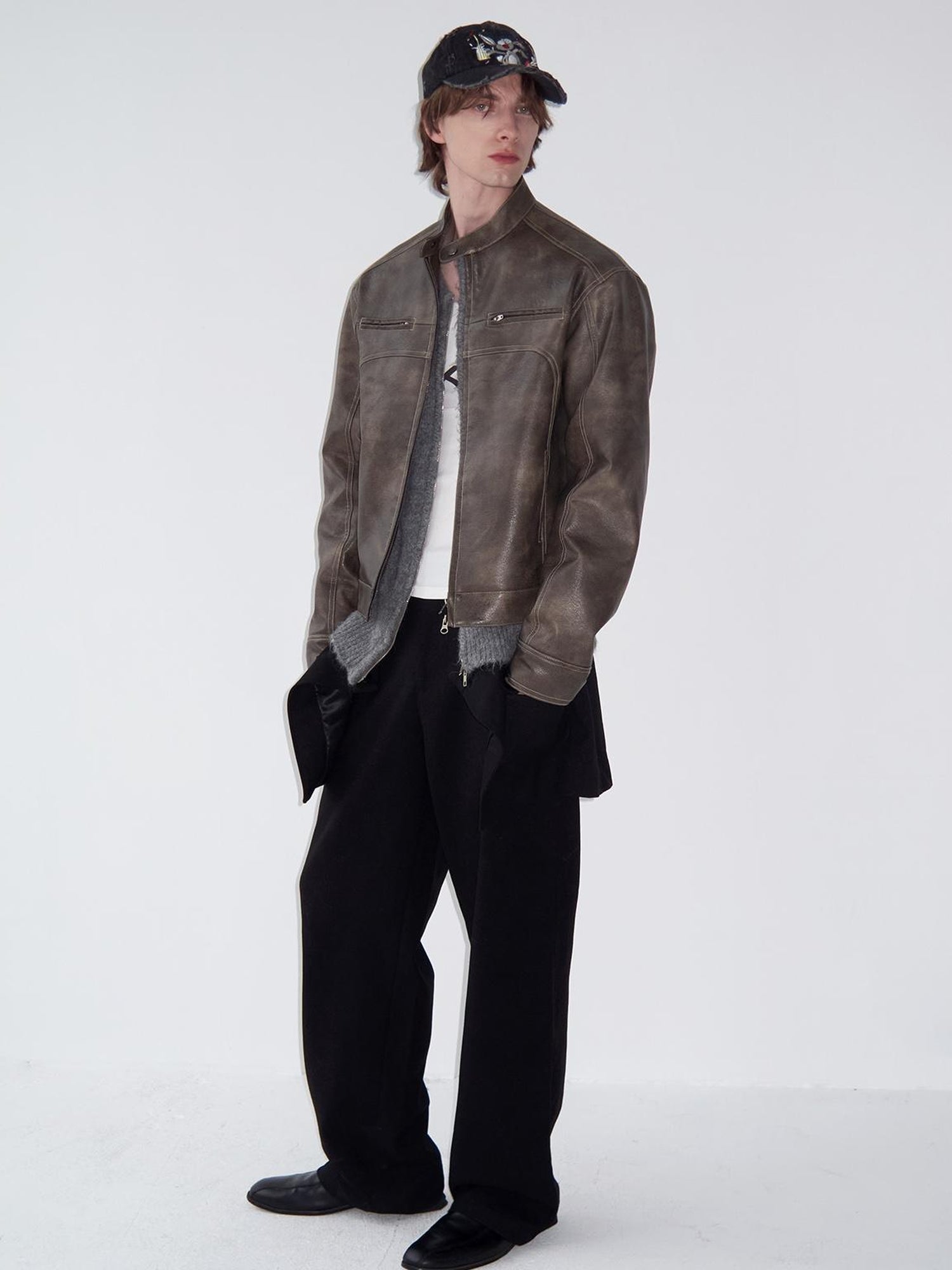 Delivery Short Pu Biker Jacket With Stand Collar