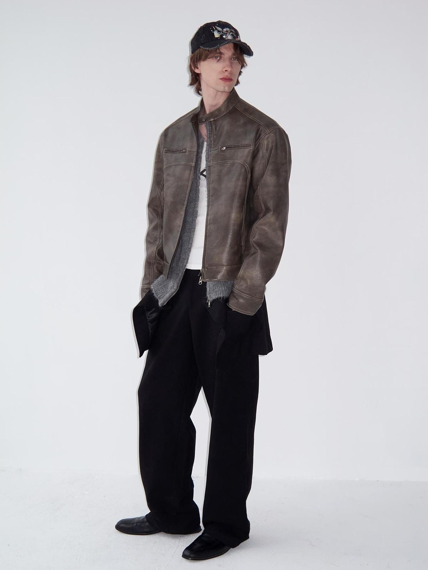 Delivery Short Pu Biker Jacket With Stand Collar