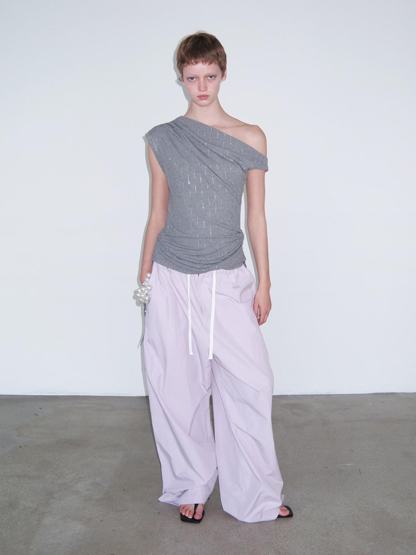 Delivery Silver Rhinestone Asymmetrical Ruched Drawstring Women&