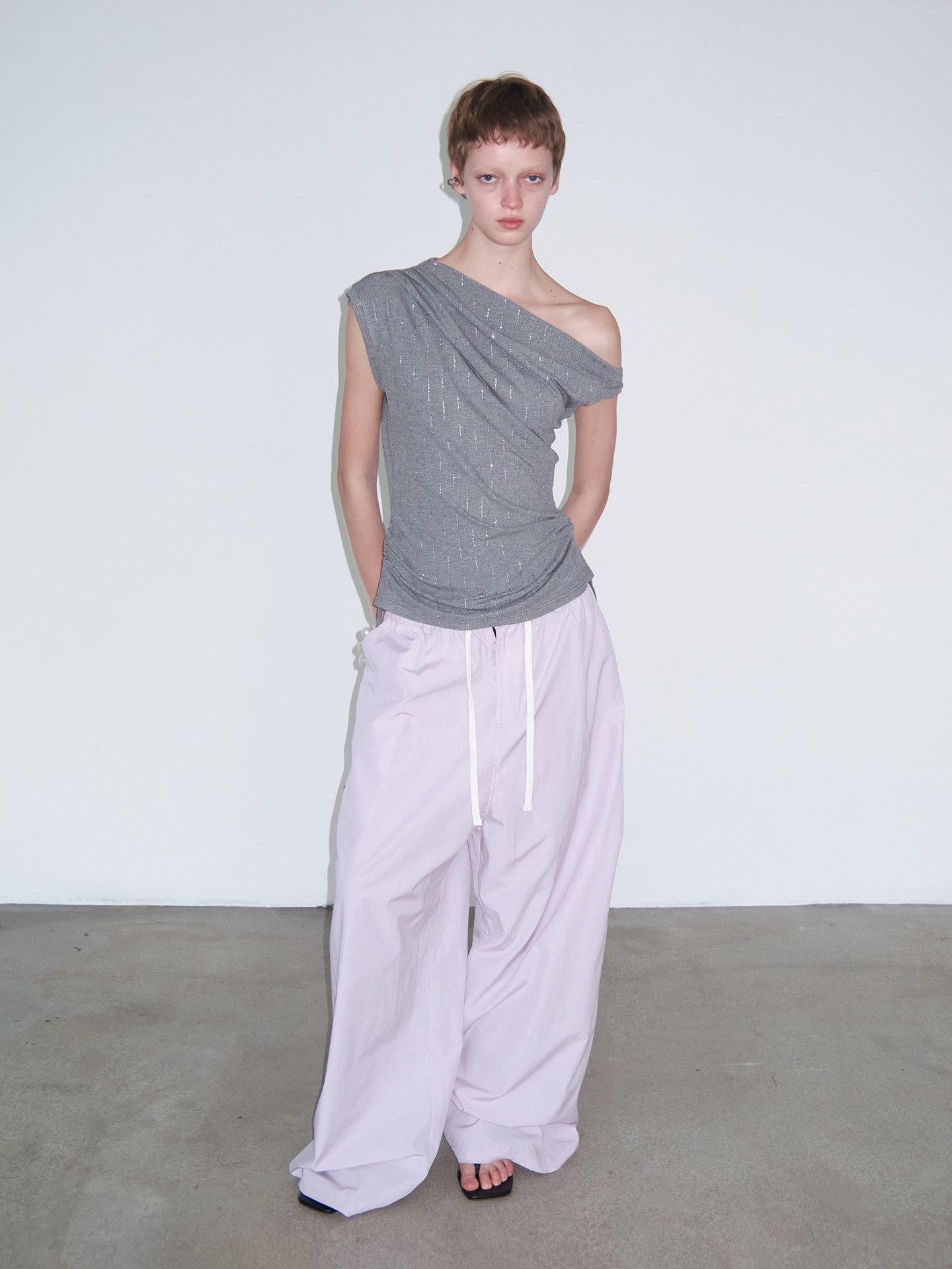Delivery Silver Rhinestone Asymmetrical Ruched Drawstring Women&