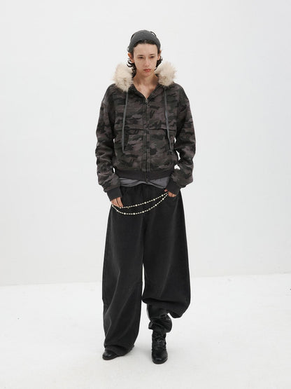 Delivery Spliced Camouflage Frayed Placket Hooded Fur Collar Women&