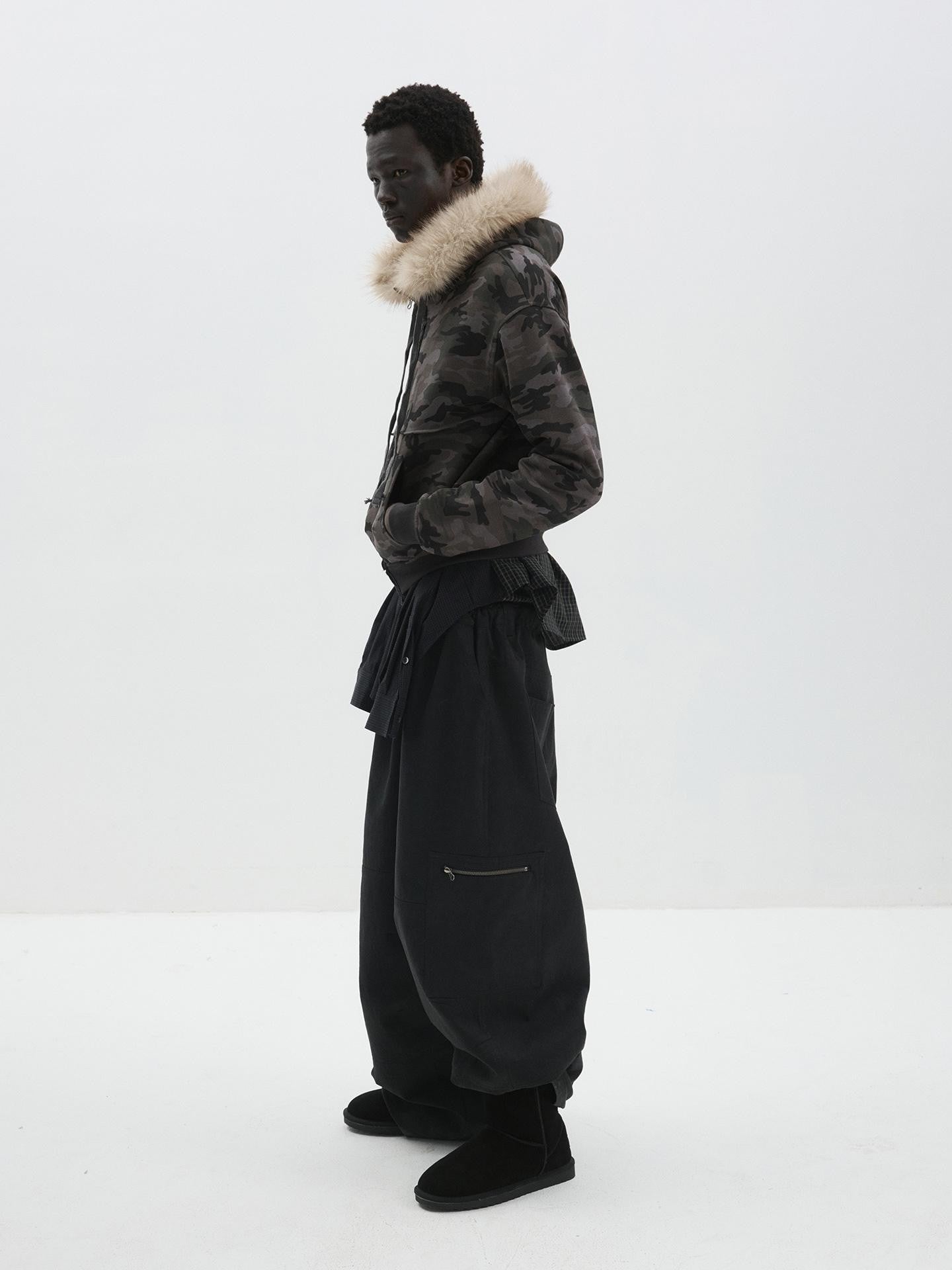 Delivery Spliced Camouflage Frayed Placket Hooded Fur Collar Women&
