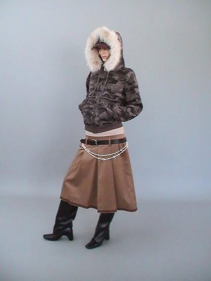Delivery Spliced Camouflage Frayed Placket Hooded Fur Collar Women&